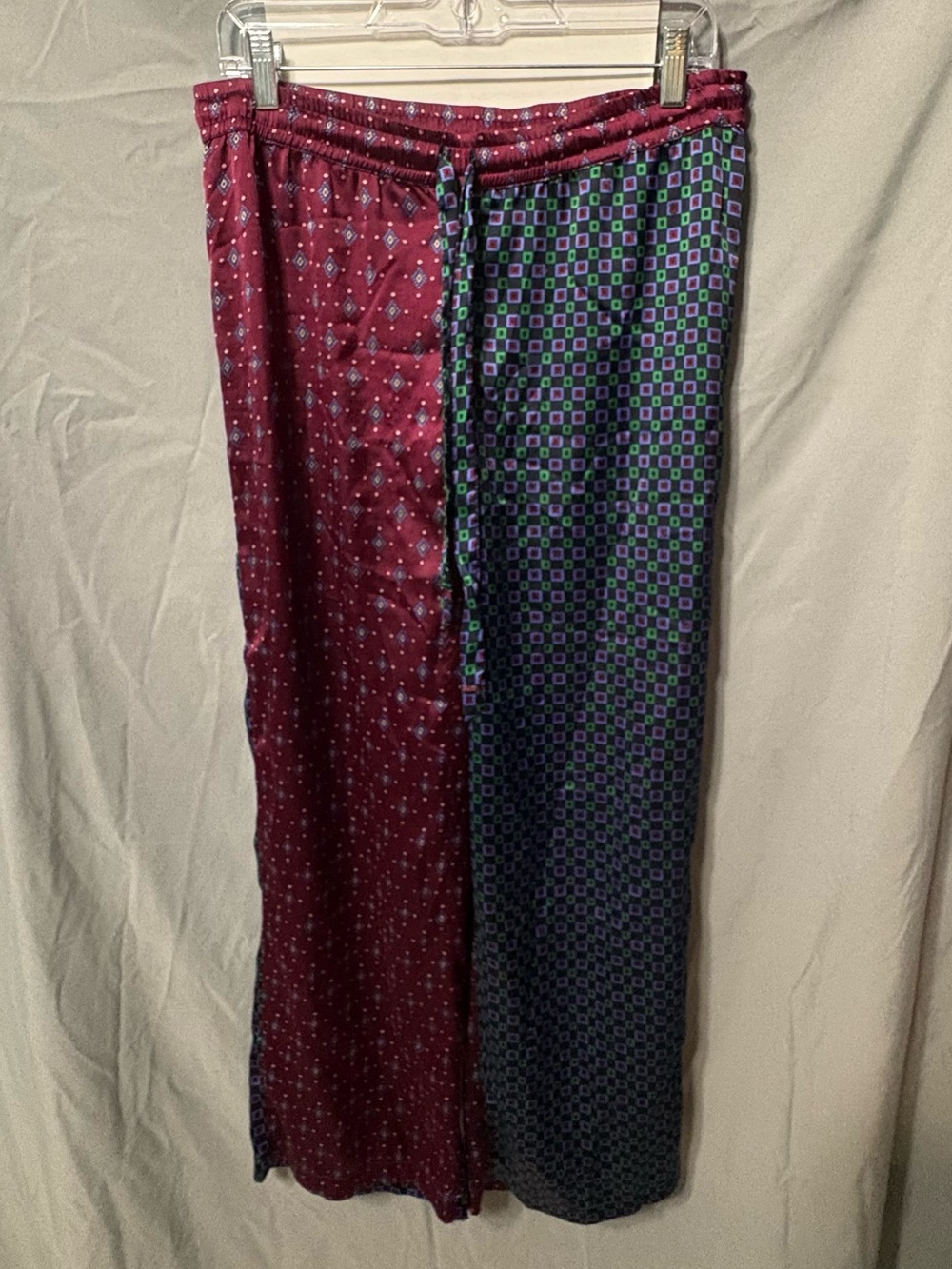 By Anthropologie Two-Tone Patterned Satin Pajama Pants— Burgundy & Navy